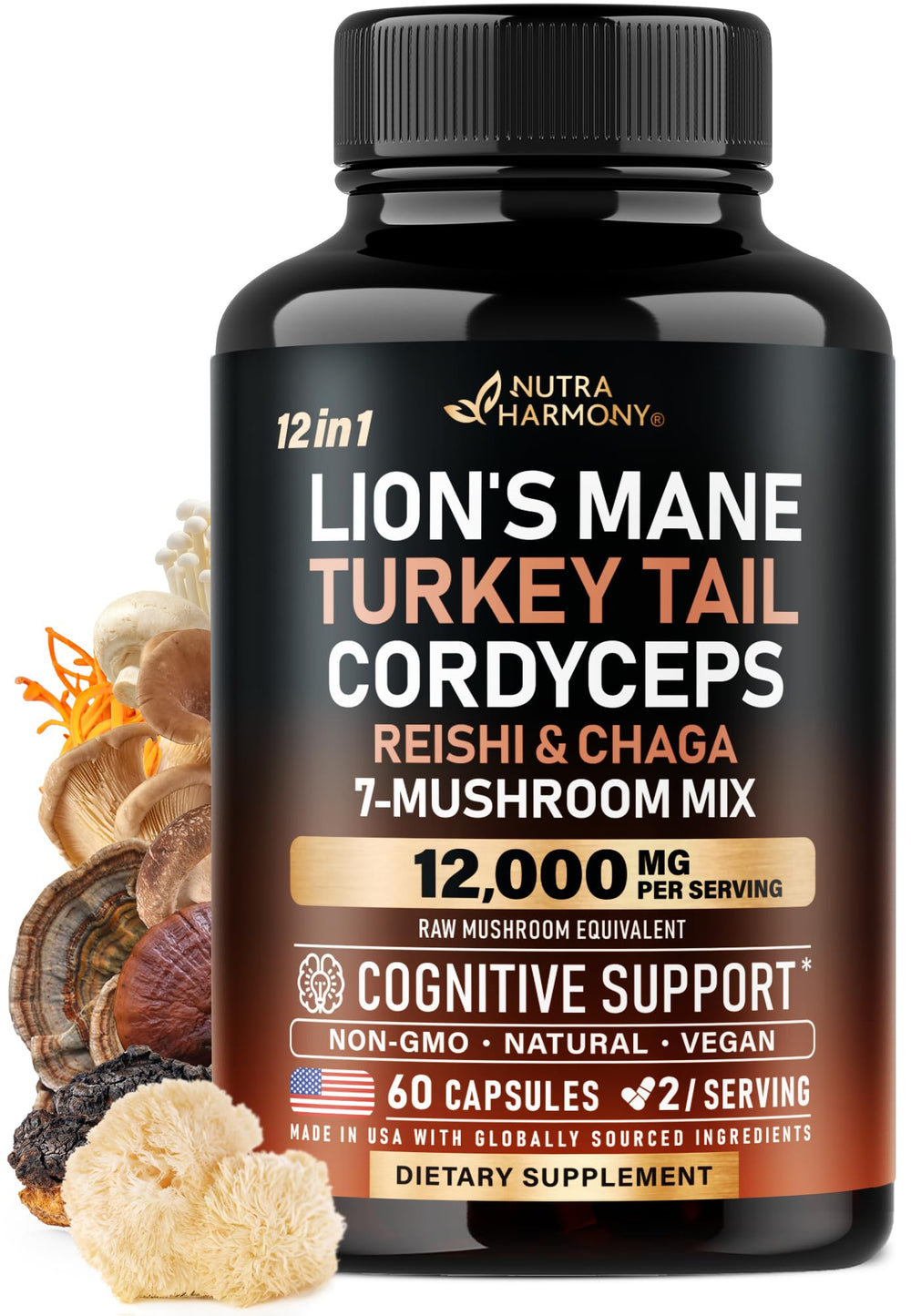 NutraHarmony Mushroom Complex Lions Mane bottle highlights cognitive support potential.