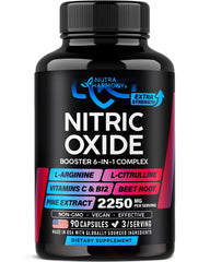 NutraHarmony Nitric Oxide Booster bottle label for athletic support during workouts