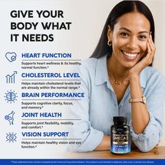 NutraHarmony Omega-3 3600mg dosage illustration shows 1–3 softgels