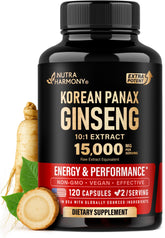 NUTRAHARMONY Panax Ginseng bottle front displays premium 15,000 mg extract for energy support.