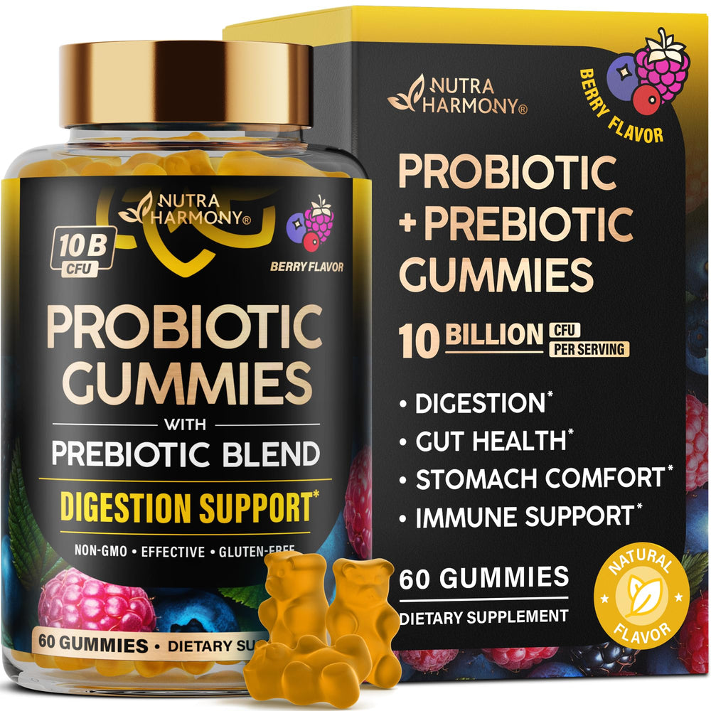 NutraHarmony probiotic gummies berry burst for daily gut balance.
