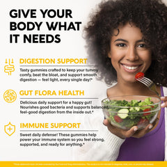 NutraHarmony probiotic gummies illustrating digestive comfort and bloating relief.