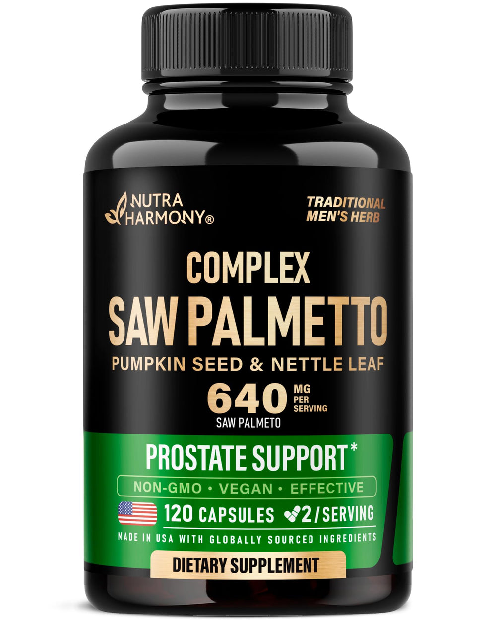 NUTRAHARMONY Saw Palmetto for Men 640mg bottle showcasing the packaging and label details