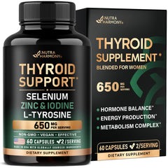 NutraHarmony Thyroid Support bottle with capsules on display for daily wellness.