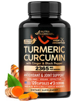 NUTRAHARMONY Turmeric Curcumin 2365mg capsules in a bottle for joint comfort and antioxidant support.