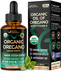 NUTRAHARMONY USDA Organic Oil of Oregano Drops bottle highlighting immune support potential.