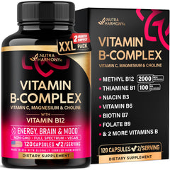 NutraHarmony Vitamin B Complex bottle label highlights full-spectrum B vitamins