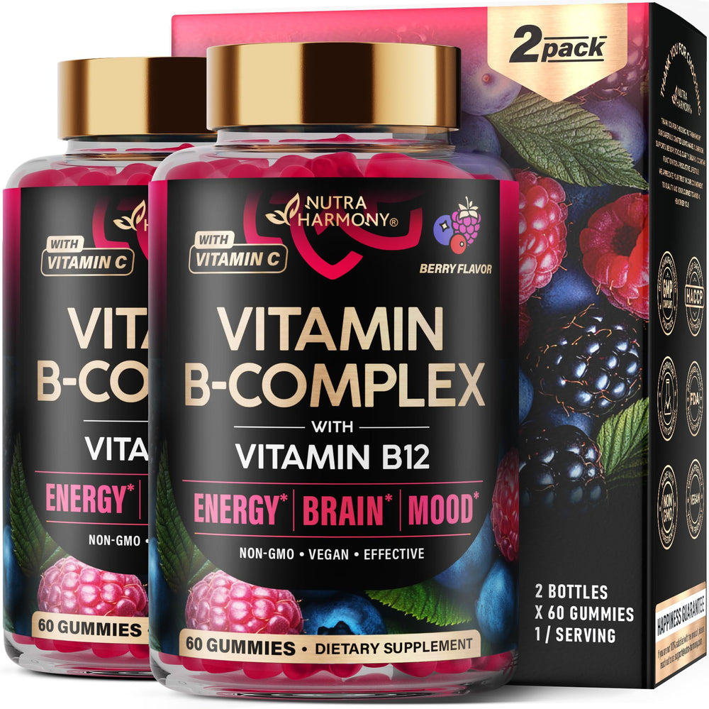 Nutraharmony Vitamin B-Complex Gummies on berry bottle, ready for daily energy support.