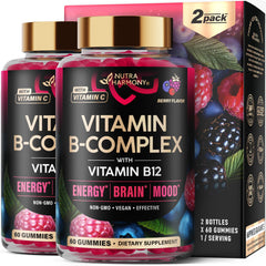 Nutraharmony Vitamin B-Complex Gummies on berry bottle, ready for daily energy support.