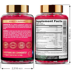 Close-up of Nutraharmony B-Complex Gummies label highlighting vegan and non-GMO notes.