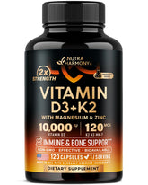 NUTRAHARMONY Vitamin D3 K2 bottle showing 10,000 IU potency for bone support.