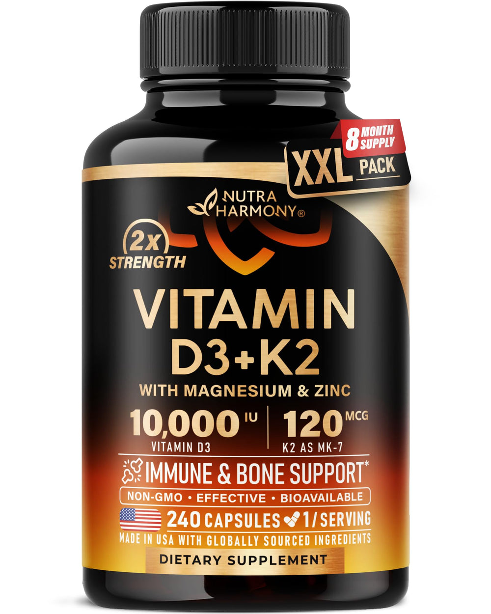 NUTRAHARMONY Vitamin D3K2 bottle ready for daily bone and immune support.