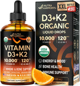 NutraHarmony Vitamin D3K2 drops bottle demonstrates premium organic formula for bone and immune support.
