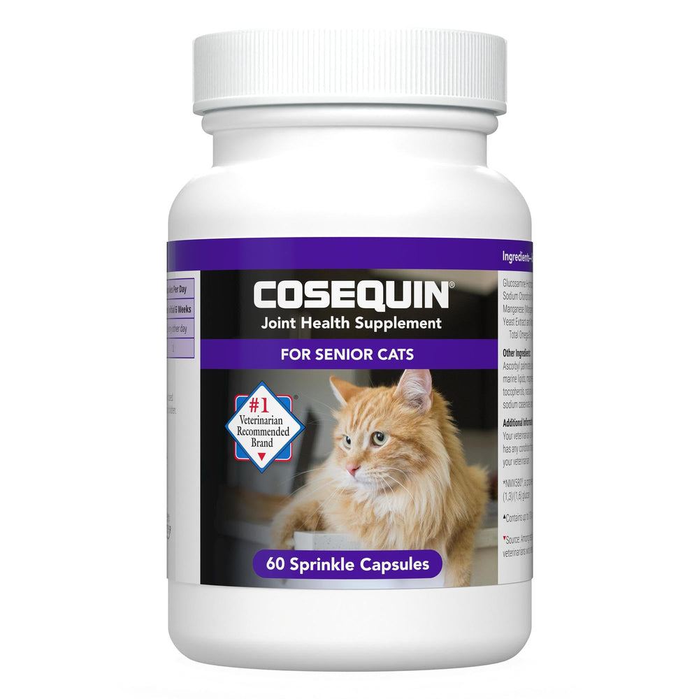 Nutramax Cosequin senior cat capsules sprinkled on food for joint support.