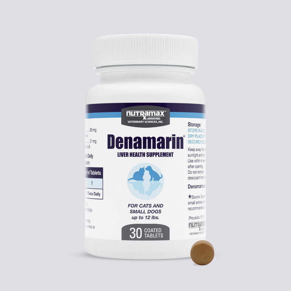 Nutramax Denamarin bottle front for dogs and cats, liver support at a glance.
