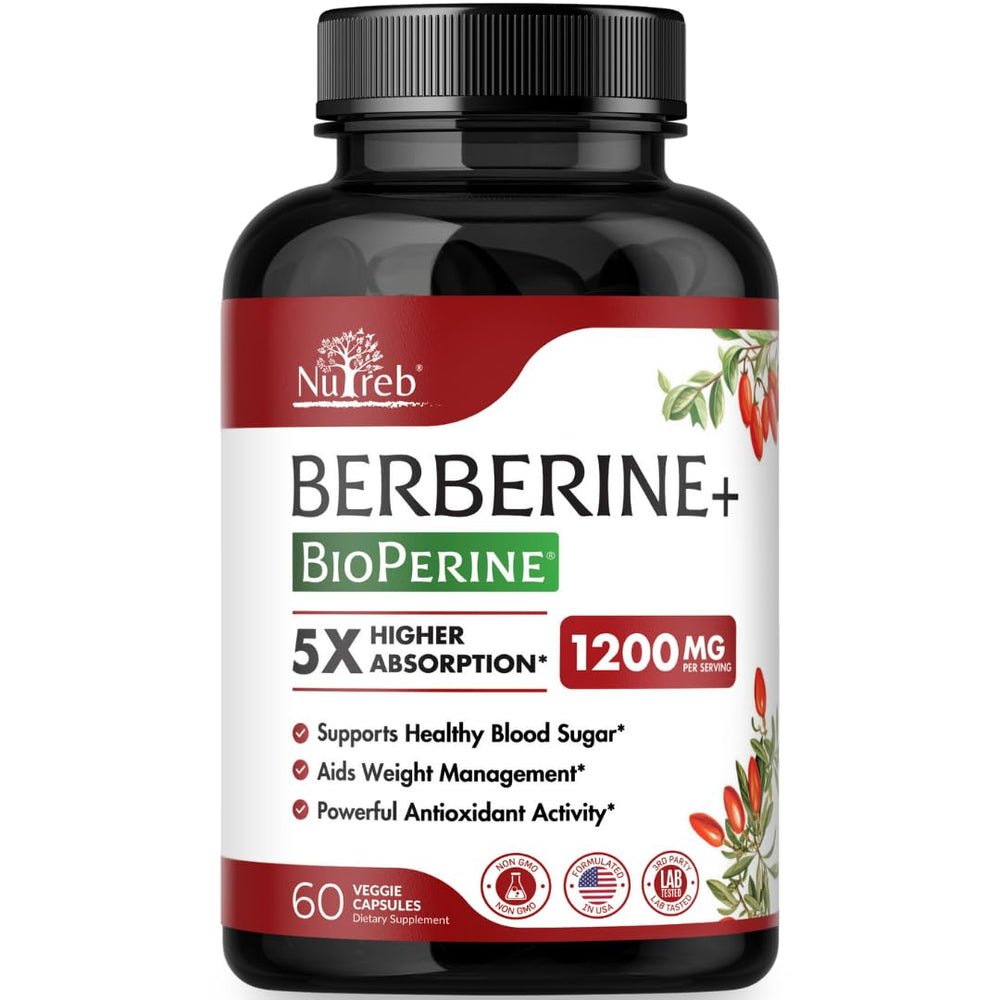 Nutreb Berberine 1200mg bottle shows high-purity formula for daily wellness.