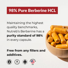 Close-up of Nutreb Berberine capsules highlights vegan capsules and premium purity.