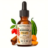 NUTRELICA berberine bottle pour illustrates a sugar-support blend for daily balance.