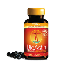 Nutrex Hawaii BioAstin bottle-front shows a premium antioxidant for eyes and skin.
