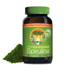 Nutrex Hawaii spirulina bottle shows Kona-origin purity and vibrant green color.