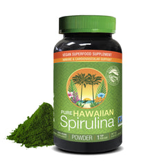 Nutrex Hawaii spirulina powder container with scoop for daily vegan protein