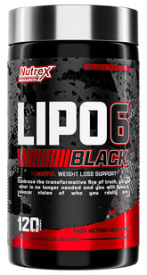 Nutrex Lipo-6 Black Max bottle front with bold branding and high-energy formula.