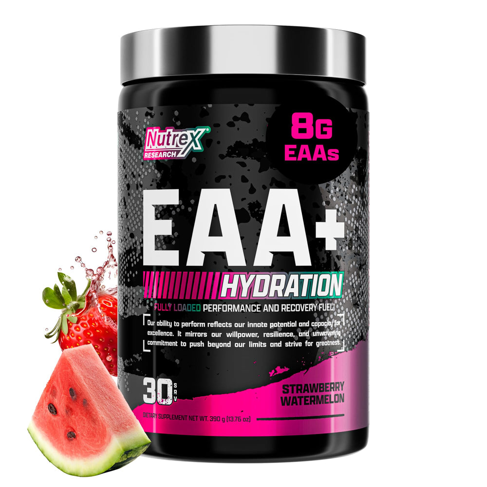 Nutrex Research EAA Hydration bottle pour showing quick mix for post‑workout hydration