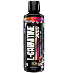 Nutrex Research Liquid L Carnitine 3000 bottle shows Sour Gummy Worms flavor for tasty energy support.