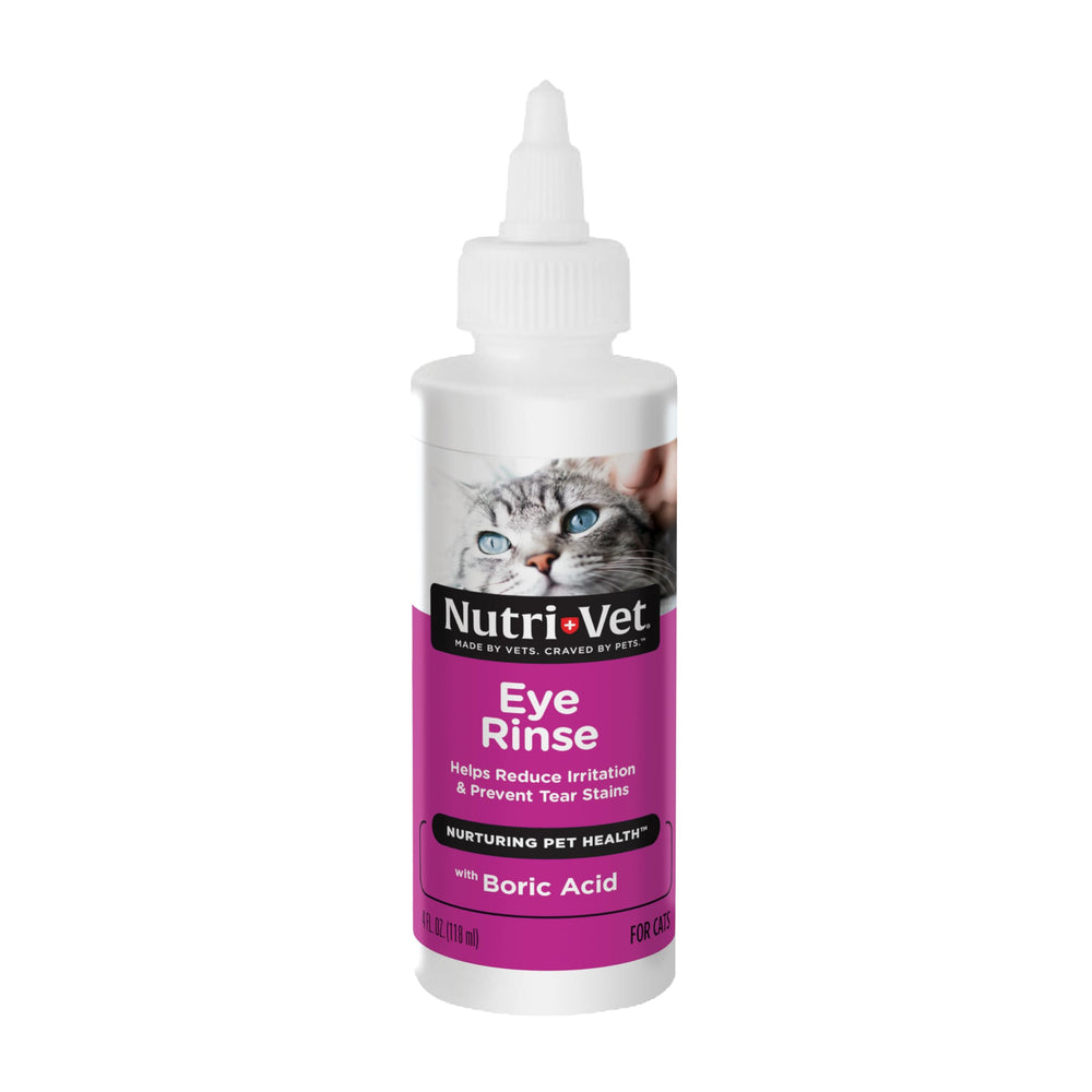 Nutri-Vet Cat Eye Rinse bottle being poured for gentle daily eye care.