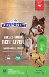 Nutri Bites freeze-dried beef liver treats bag front showing single-ingredient formula for dogs and cats