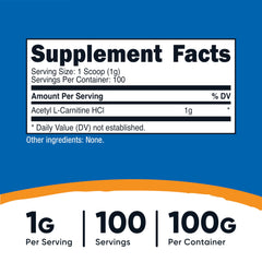 Nutricost Acetyl L-Carnitine HCI bottle front with non-GMO, gluten-free claim.