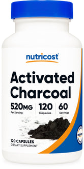 Nutricost Activated Charcoal bottle front view with 120 capsules, ideal for daily use.