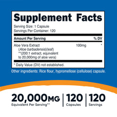 Nutricost Aloe Vera Extract bottle label close-up highlights high-concentration 200:1 extract.