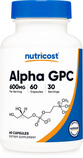 Nutricost Alpha GPC 600mg bottle supports daily cognitive wellness with convenient capsules.