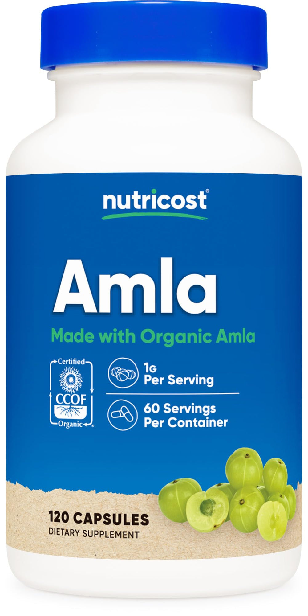 Nutricost Amla 1000mg bottle with capsules highlighting organic, non-GMO quality for daily wellness