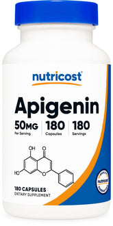Nutricost Apigenin 50mg bottle on a clean counter supports daily wellness.