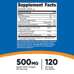 Nutricost Apple Cider Vinegar Gummies label close-up showing 120 servings for daily routine.