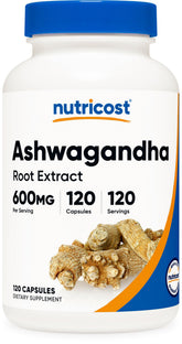 Nutricost Ashwagandha bottle with 600 mg capsules for daily routine.