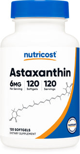 Nutricost Astaxanthin 6mg bottle front, non-GMO and gluten-free for daily antioxidant support.