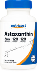 Nutricost Astaxanthin 6mg bottle front, non-GMO and gluten-free for daily antioxidant support.