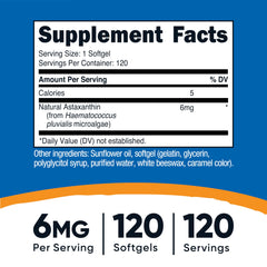 Nutricost Astaxanthin 6mg softgels close-up, natural Haematococcus pluvialis source for daily use.