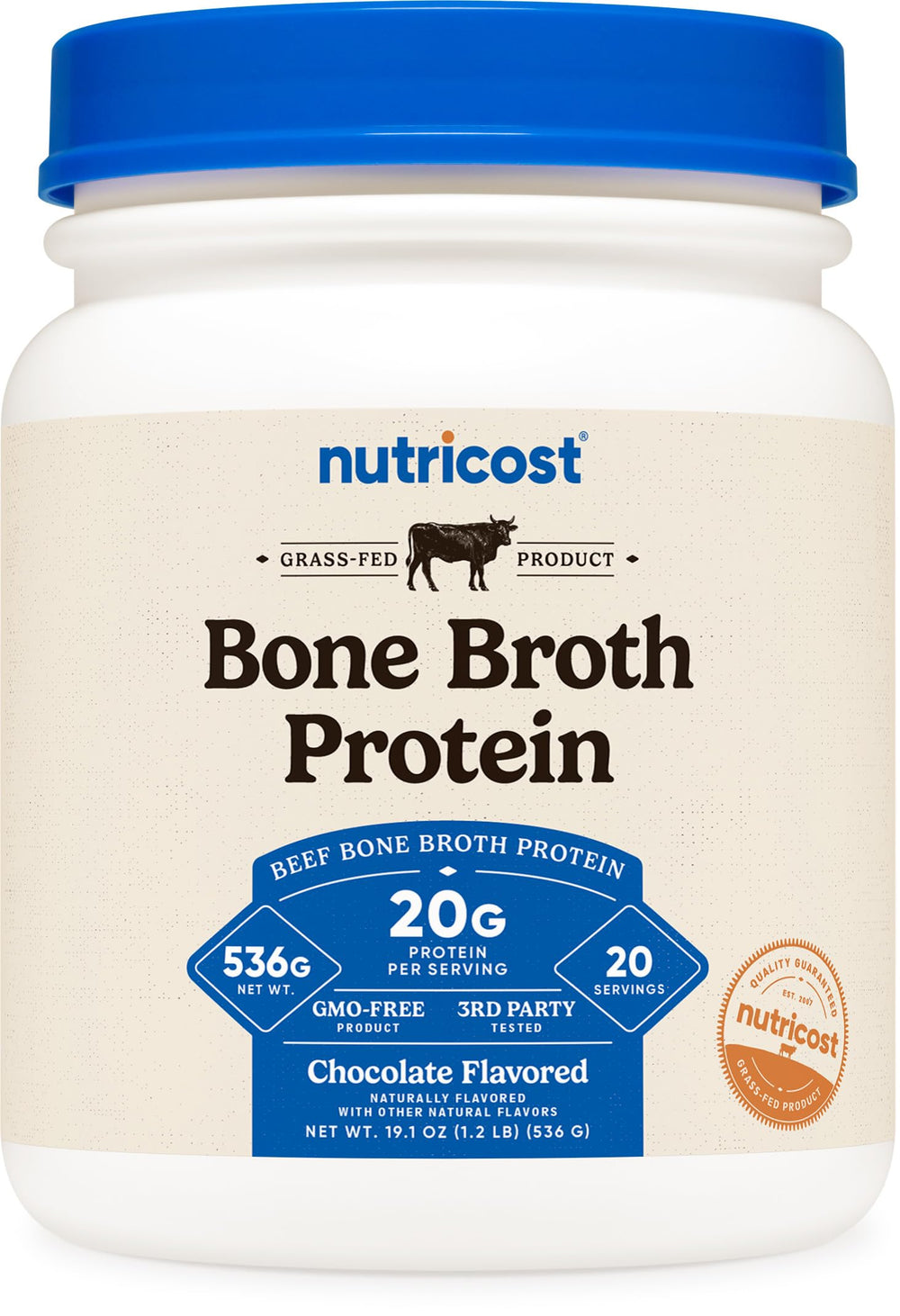 Nutricost Beef Bone Broth Protein Powder in chocolate ready to mix for a protein boost