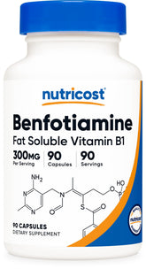 Nutricost Benfotiamine 300mg bottle front view for everyday use
