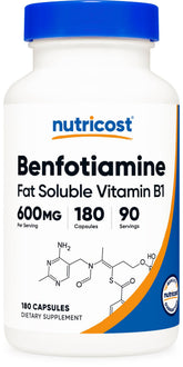 Nutricost Benfotiamine 600mg bottle front supports daily wellness with high-potency B1.