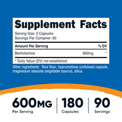 Nutricost Benfotiamine capsules close-up showcasing 600mg per serving.