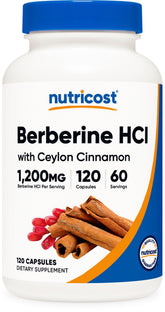 Nutricost Berberine HCl with Ceylon Cinnamon capsules bottle close-up for daily wellness.
