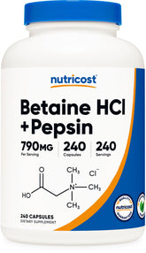 Nutricost Betaine HCl Pepsin 790mg bottle on counter; plant-based capsules visible.