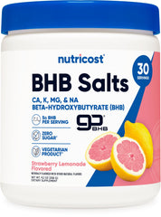 Nutricost BHB Salts Drink Mix Strawberry Lemonade bottle, refreshing energy-boosting flavor.