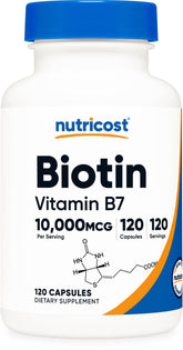 Nutricost Biotin 10000mcg capsules for daily supplementation.