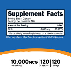 Nutricost Biotin bottle front shows dosage and vegan label.